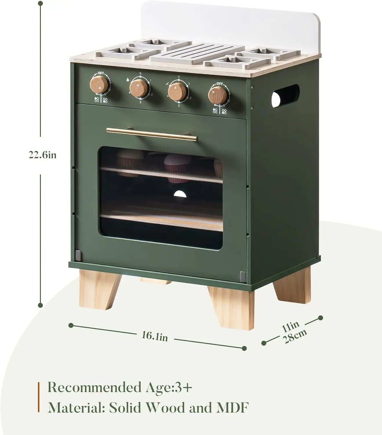 Robotime Wooden Toy Oven Kitchen Set Vintage Green with Play Food Pretend Play Oven Kitchen Set for Boys Girls