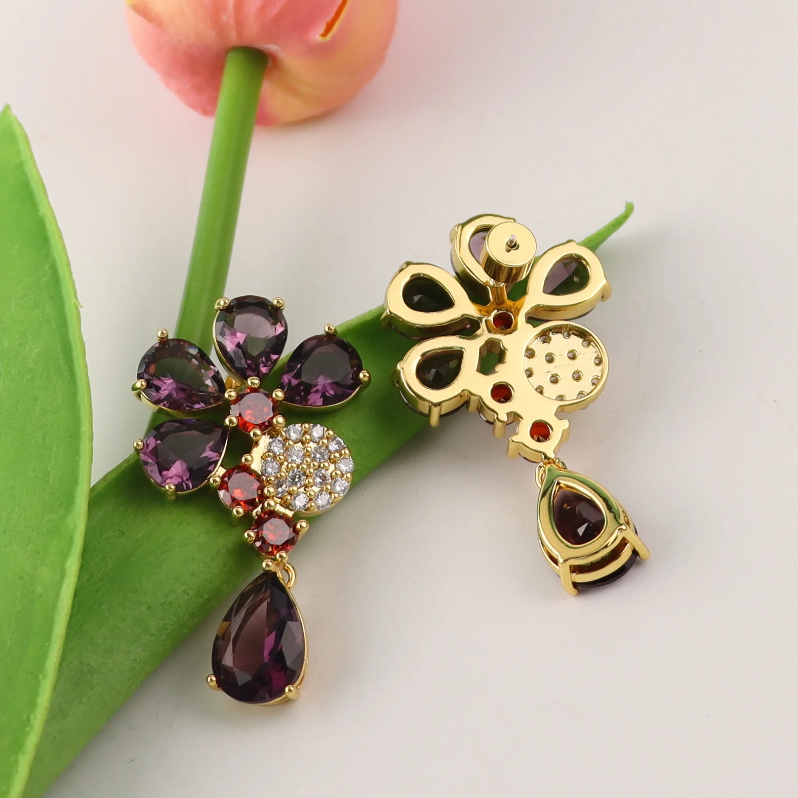European and American colored water drop zircon inlaid flower earrings