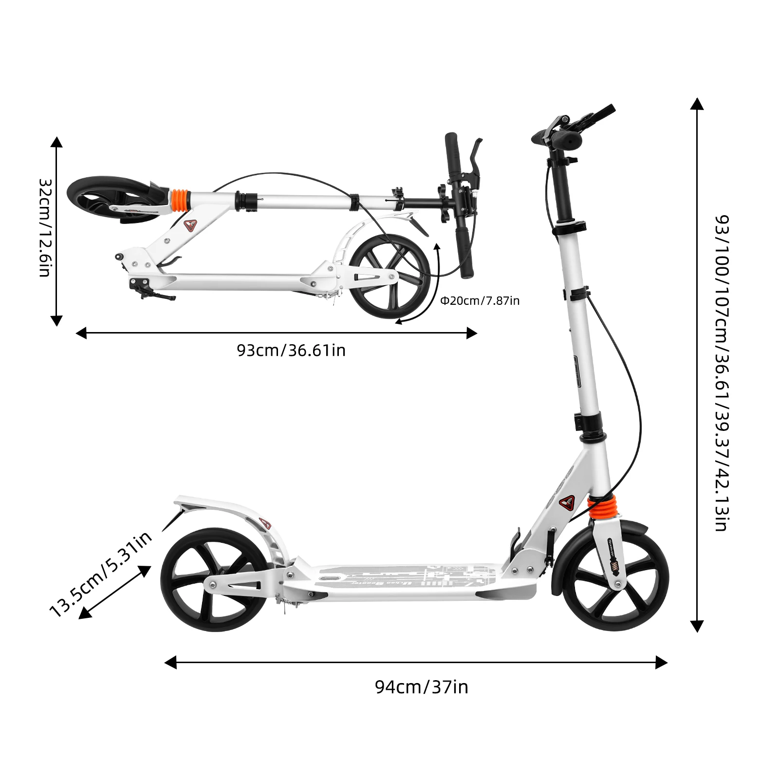 Faltbarer Kick-Scooter 220 lbs Tragkraft Höhenverstellbar 37"-42" Doppelbremsen PU-Räder Stoßdämpfer Pendler-Scooter für Erwachsene – Detail 7