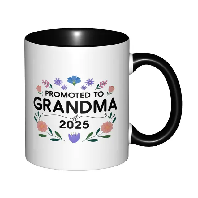 Promoted to Grandma 2025 Flower Mugs With Black Handle Birthday Coffee Mugs Ceramic Tea Cups 11oz 1