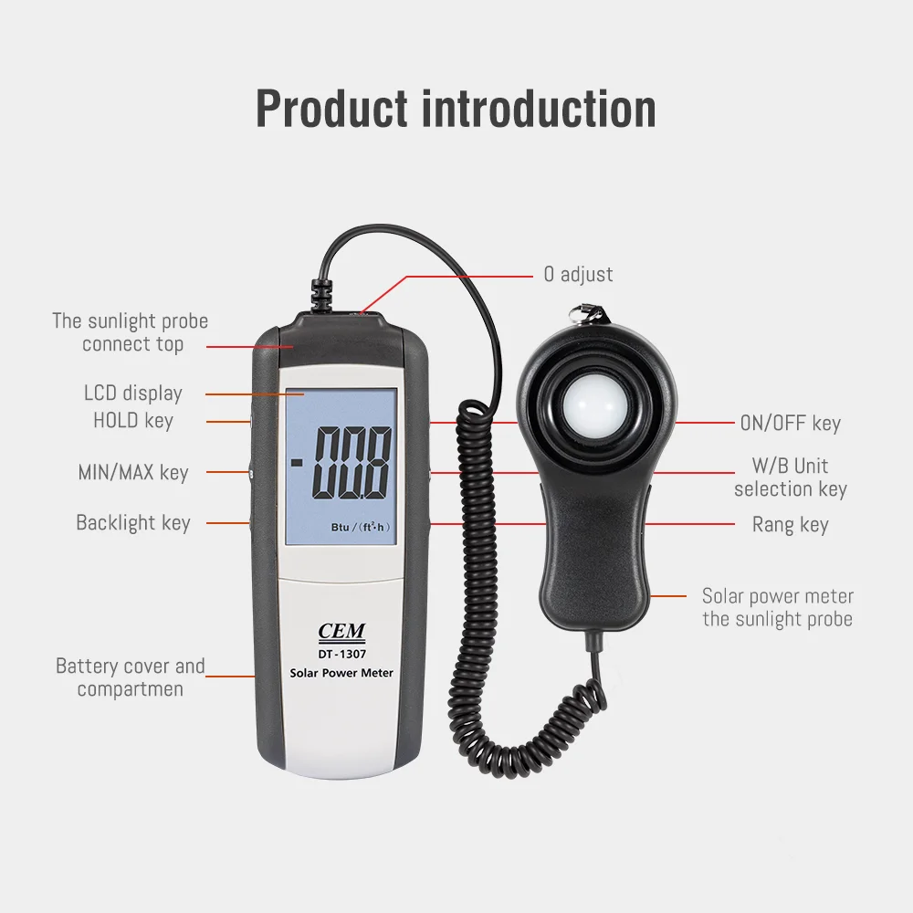 DT-1307 Solar Power Meter with Backlight Outdoor Sunlight test range 1999w/m2 or 634BTU/(ft2*h)