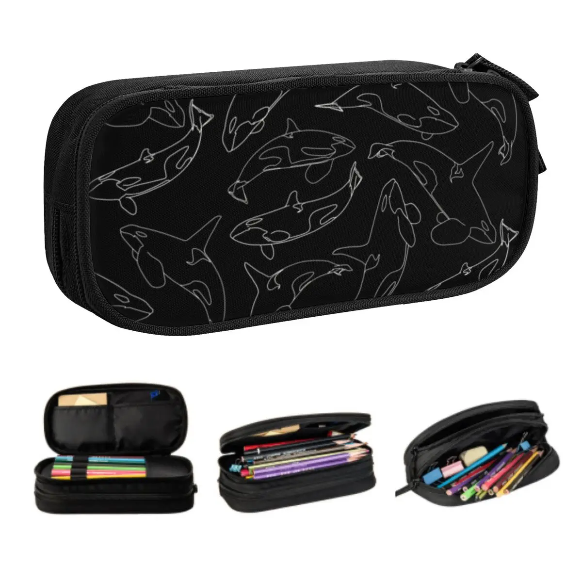Killer Whale Collage Black School Pencil Case Boy Girl Large Storage Pencil Box Students Stationery