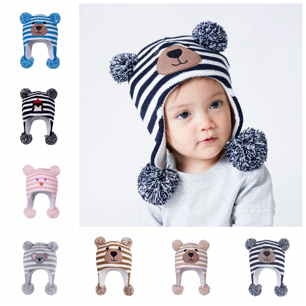 2024 Autumn New Children's Caps Cartoon Baby Bear Knitted Hat Winter Mother Kids Plus Fluffy Ball Wool Hat Baby Stuff