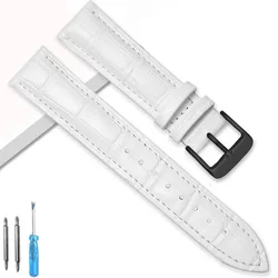 Premium Genuine Leather Watchband Strap with Steel Pin Buckle - High - Quality Wrist Bracelet with Tool Included - 14mm (White - BK)