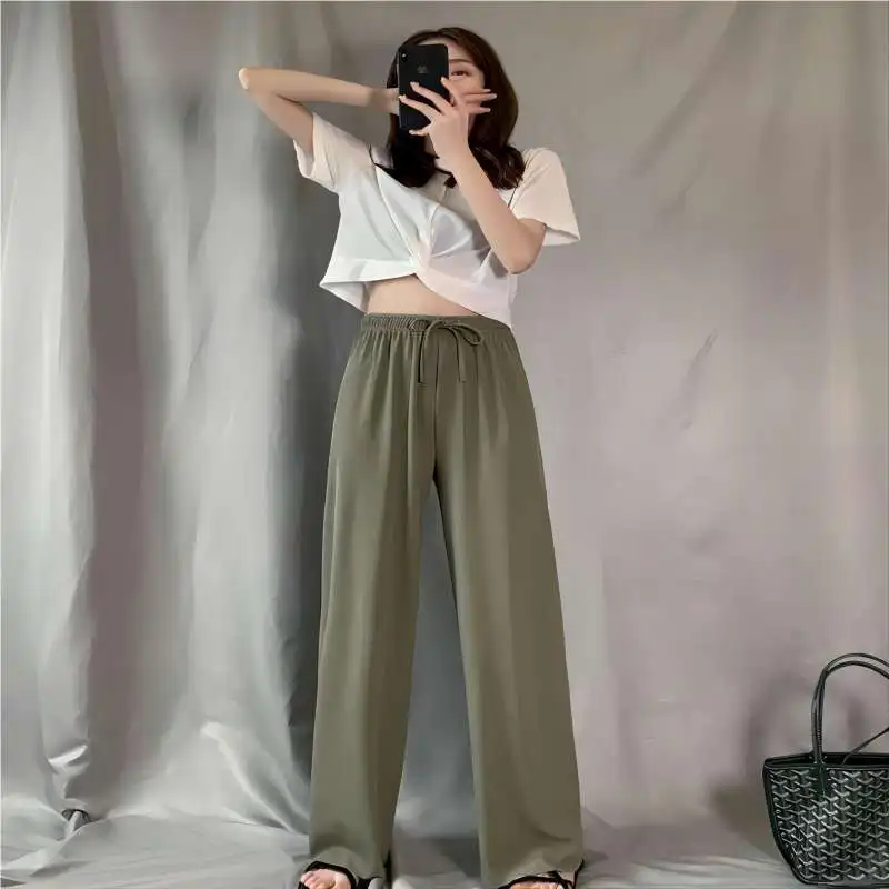 여성 와이드 레그 팬츠 여름 아이스 실크 스트레이트 트라우저 하이웨이스트 여성 캐주얼 루즈 새틴 소프트 풀렝스 팬츠