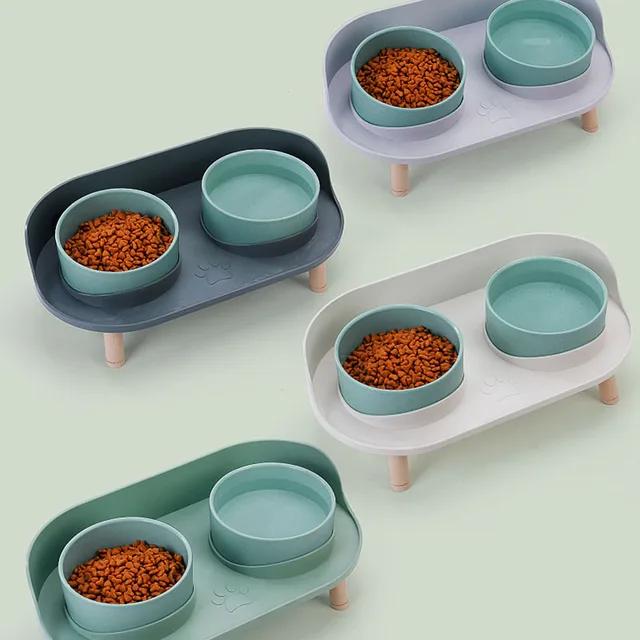 Cat Double Bowl Safety with Wood Stand and Silicone Mat Kitten Puppy Food Water Feeding Elevated Dish Dog Supplies Spill-Proof 3