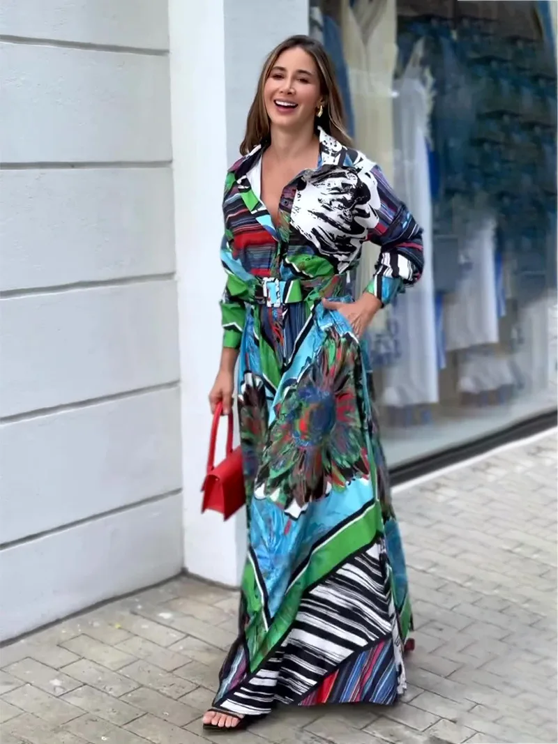 

2024 summer new fashion casual dress long sleeve cardigan belt long skirt
