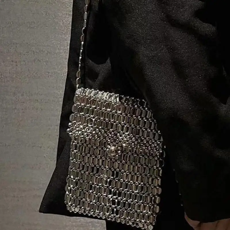 Vintage Plastic Metal Style Shiny Hand Woven Hollow Beaded Pearl Small Square Bag Long Shoulder Strap Crossbody Small Bag Women