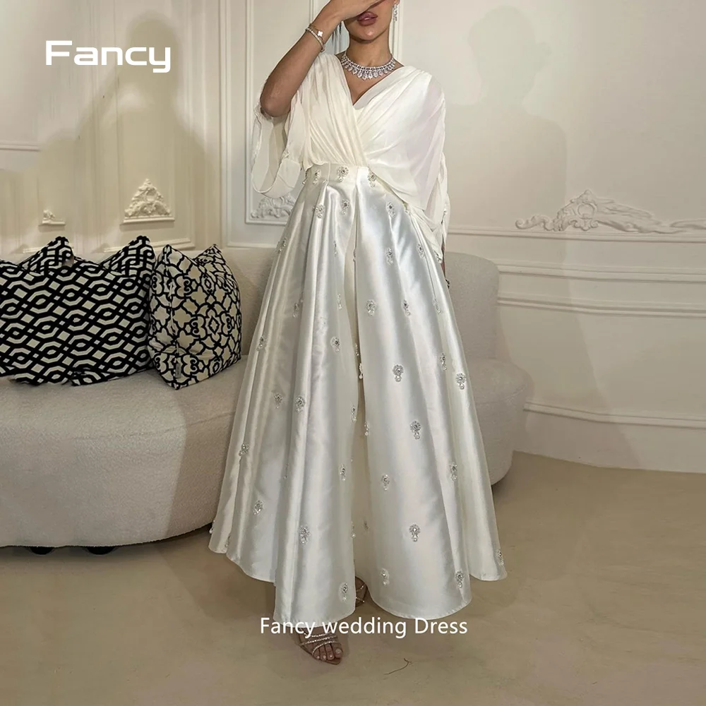 

Fancy Ivory V-Neck Beading A-LINE Satin Evening Dress Saudi Arabia 2024 Slim Chiffon Long Sleeve Ankle-Length Prom Dress