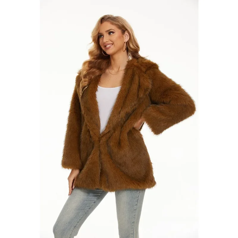 Women's Imitation Fur Coat Warm Top European and American Autumn and Winter New Fashion Fox Fur Hooded Coat Medium Length