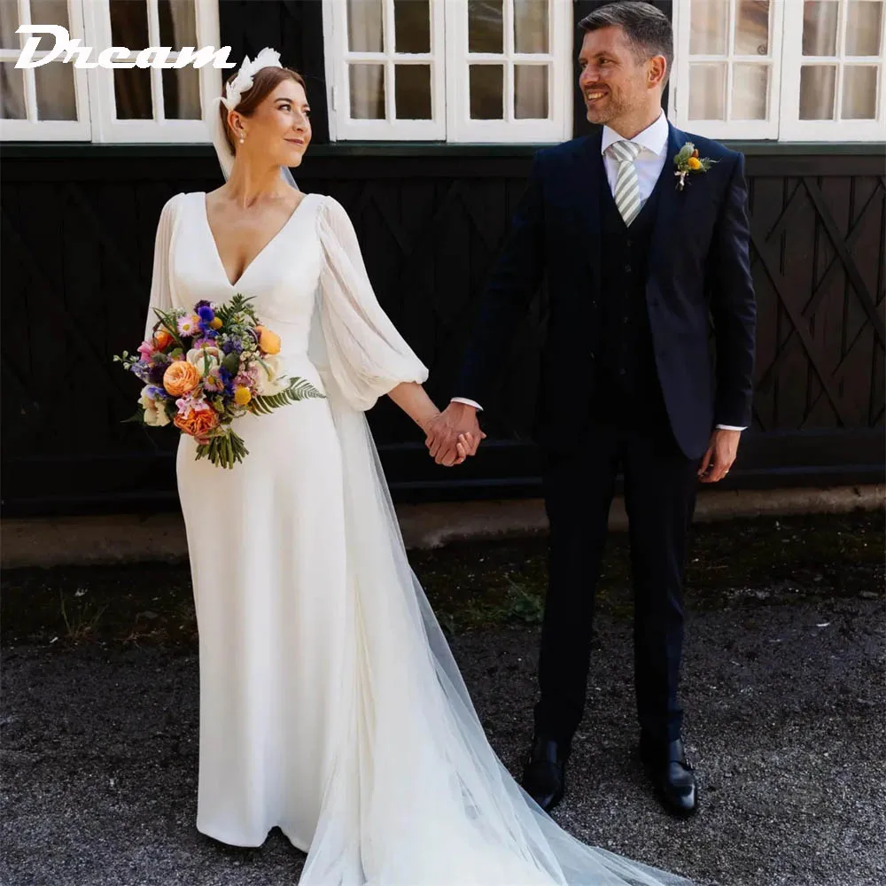 

Женское платье с V-образным вырезом и открытой спиной, ТРАПЕЦИЕВИДНОЕ Элегантное свадебное платье со шлейфом, с рукавом 3/4