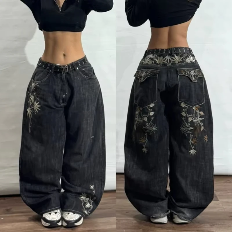 Y2K Fashion New Letter Embroidery Holes Make Old Baggy Jeans Men Gothic Hip-hop Harajuku Vintage Casual High-waisted Trousers 2