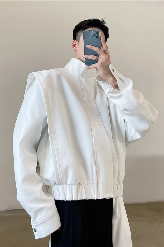 Senior Stand Neck Padded Shoulder Men Jacket Coat Ins Trend Autumn Coat Korea Fashion Kpop Vibe Male Dinner Party Banquet Jacket