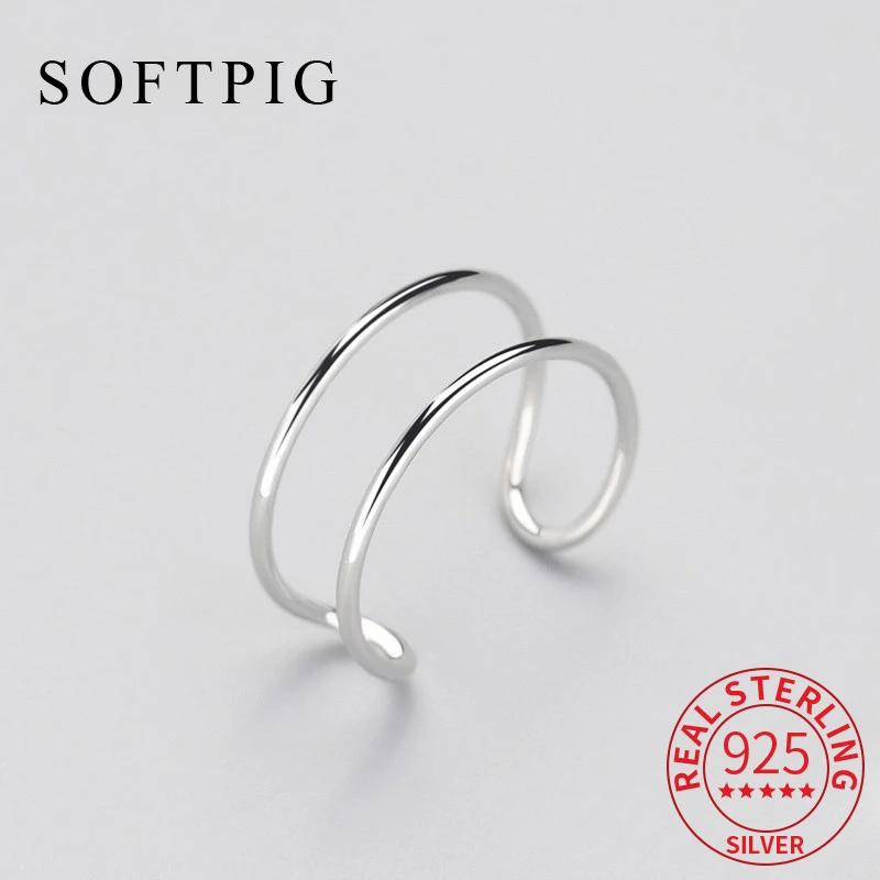 Genuine 925 Sterling Silver Minimalist Geometric Double Line Adjustable Ring Women Charm Trendy Fine Jewelry SOFTPIG