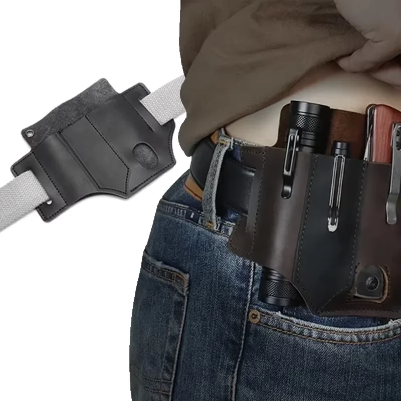 Outdoor Leather EDC Tool Knife Sheath Pockets Multitools Holder Essentials Organizer Belt Pouch Pocket Hunt Portable Flashlight 3