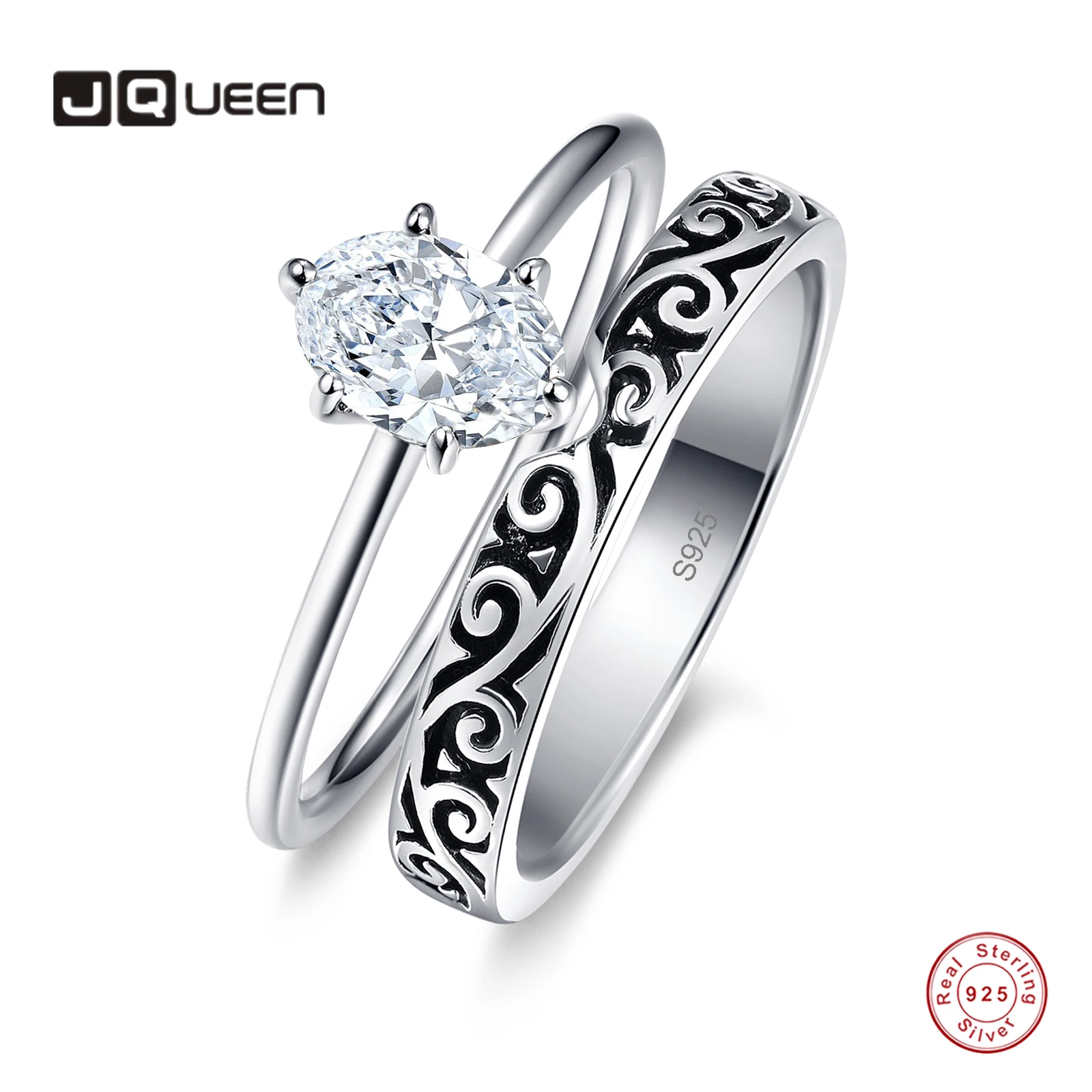 

Женские свадебные кольца JQUEEN из 2 частей, Винтажное кольцо из искусственного серебра с гравировкой цветка, овальное кольцо с бриллиантом 1 карат