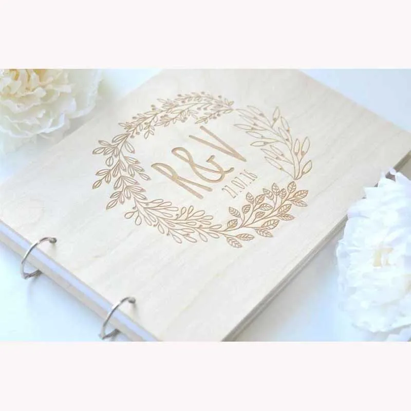 Personalized GuestBook wreath, garden wedding Engraved Wooden Guest Book, floral wedding decor
