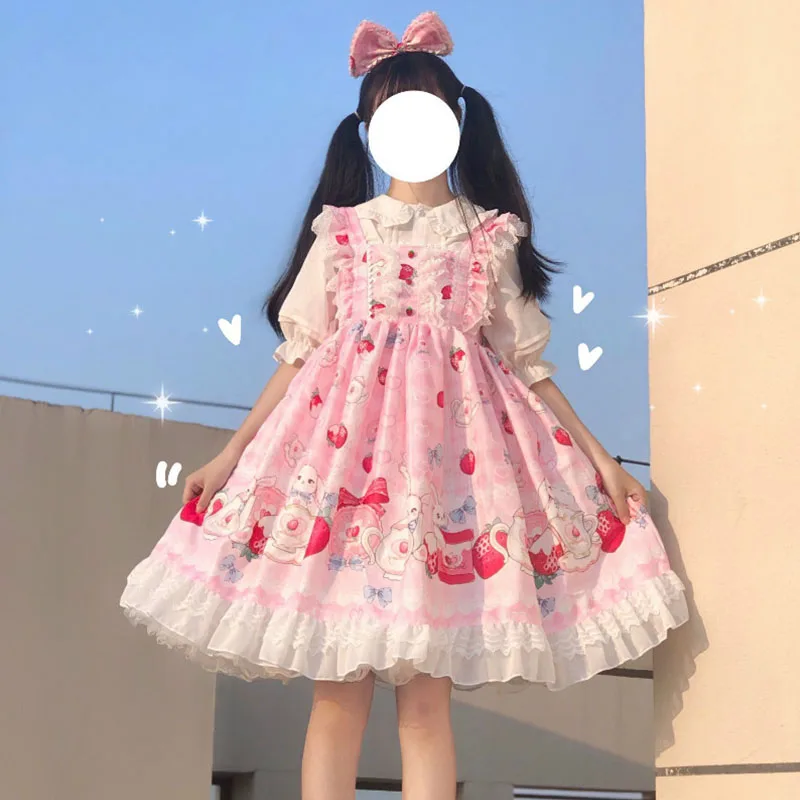 Authentic Lolita Large L-4xl Lolita Slimming Dress Set Japanese Girl Fairy Jsk Strap Dress Summer Sweet Loli