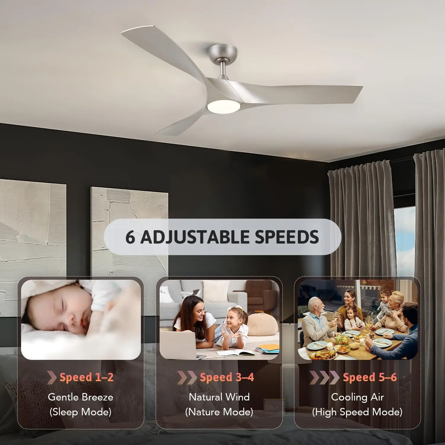 Ceiling Fans with Lights, 52 inch Ceiling Fan with Remote, 3 Blades, Noiseless 6-Speed Reversible DC Motor, Modern Ceili