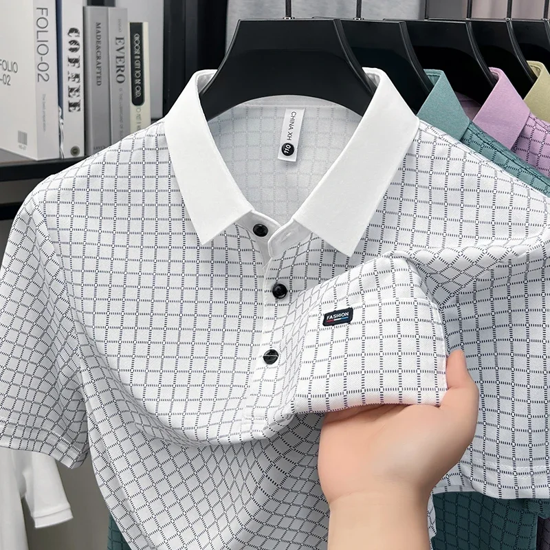 Business daily mens contrast lapel polo t shirt micro lattice print chest pocket sweat resistant cool lightweight basic wear