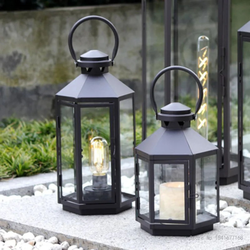 Nordic Outdoor Glass Windproof Candlestick, Wrought Iron, Floor Wind Lamp, Simple Shooting Props, Retro Garden Decor