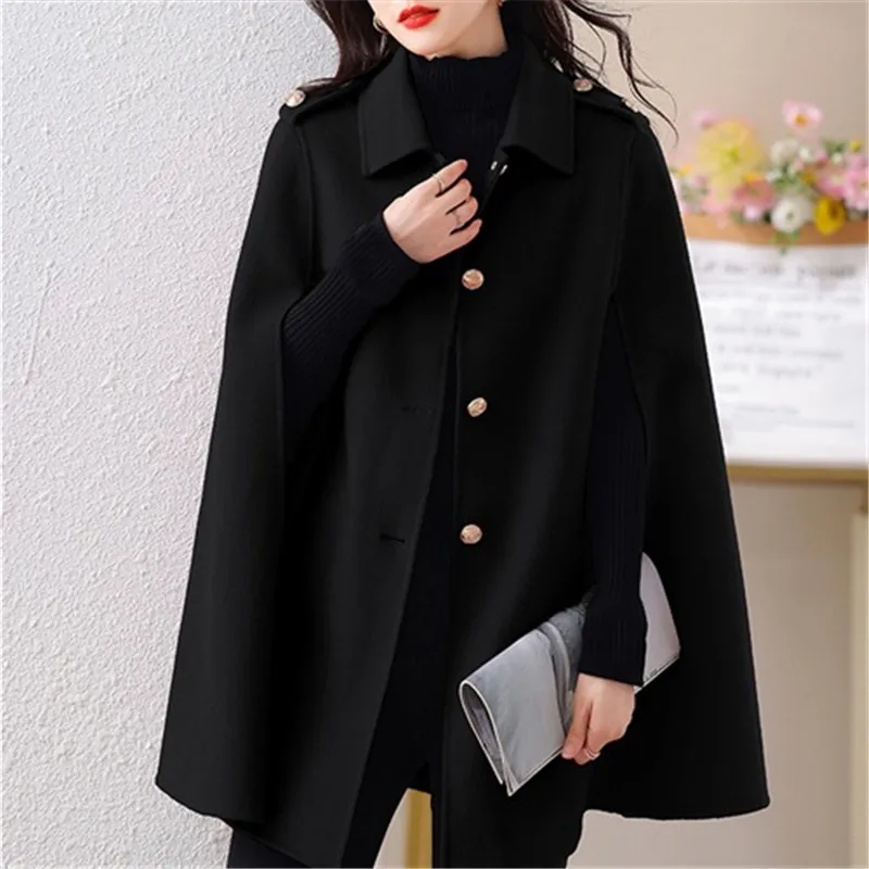 

Capes Woolen Coat Women Autumn Winter Mid-Length Lapel Neck Cloak Jacket Casual Single Breasted Outerwear Female Overcoat G2348