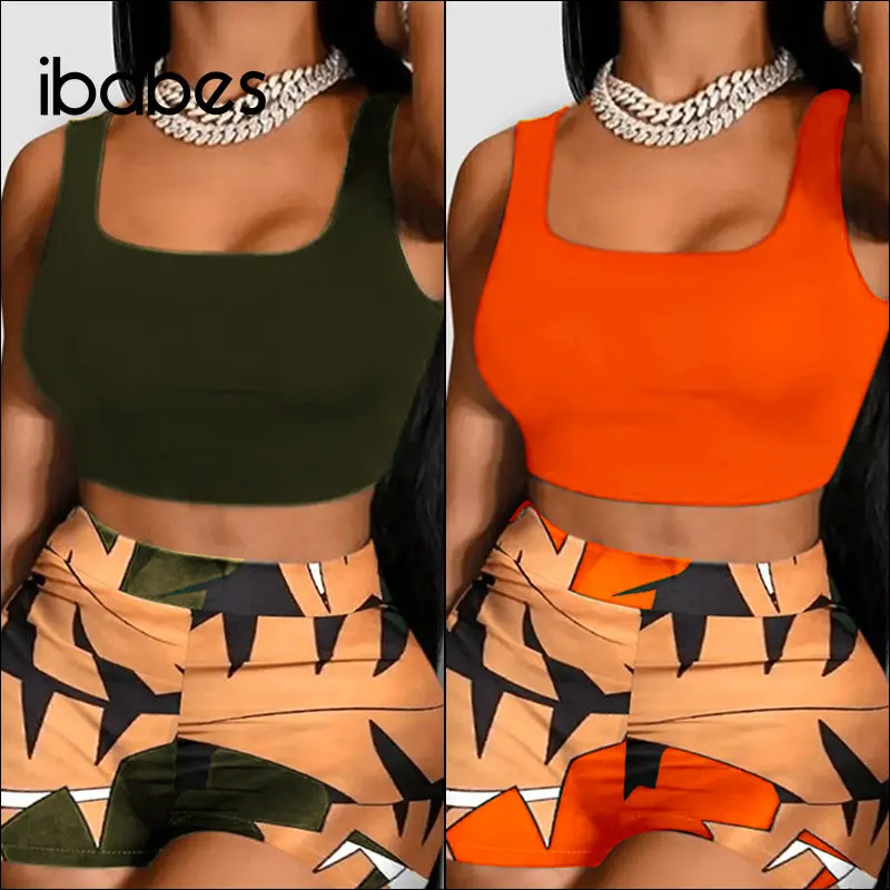 

Fitness Printed Women 2 Piece Set Sleeveless Sweatshirts Skinny Biker Shorts Matching Set 2023 Summer Holiday Beach Tracksuits
