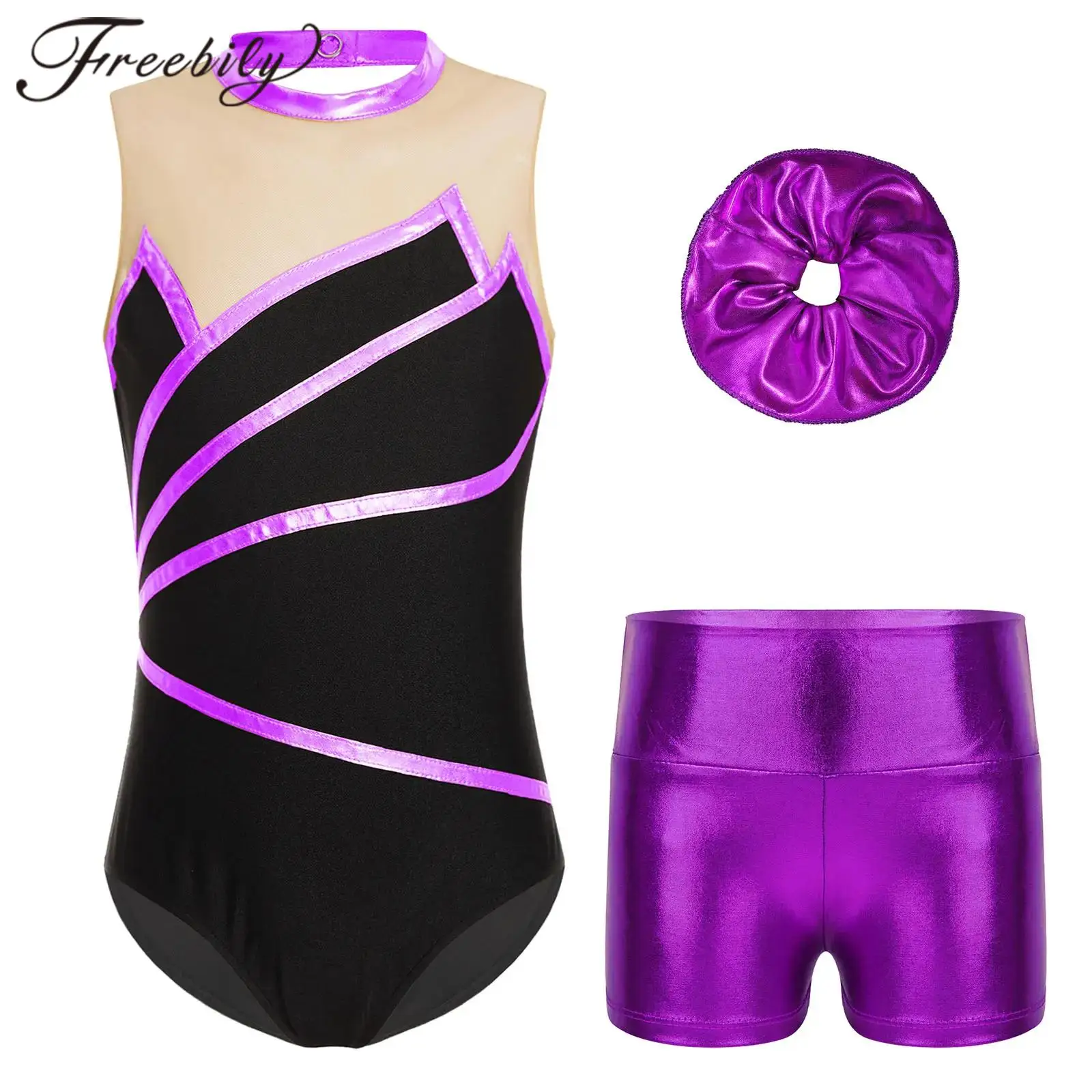 Children Dance Leotards Kids Girls Sleeveless Ballet Dance Leotard with Metallic Shorts Rhythmic Gymnastics for Girl Skating Bodysuit