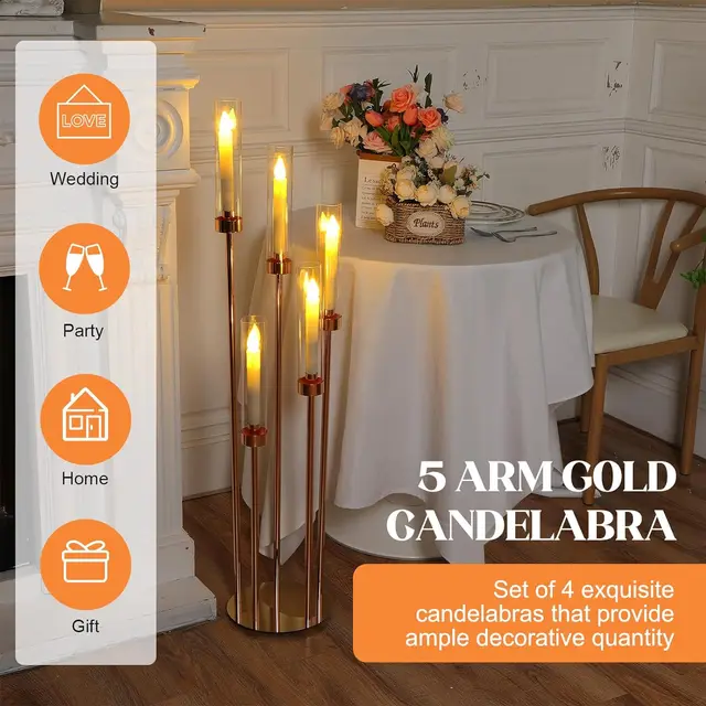 Candelabro A 5 Bracci In Oro E Cristallo - Centrotavola Elegante Per Matrimoni, Alto 65 Cm - Foto 7