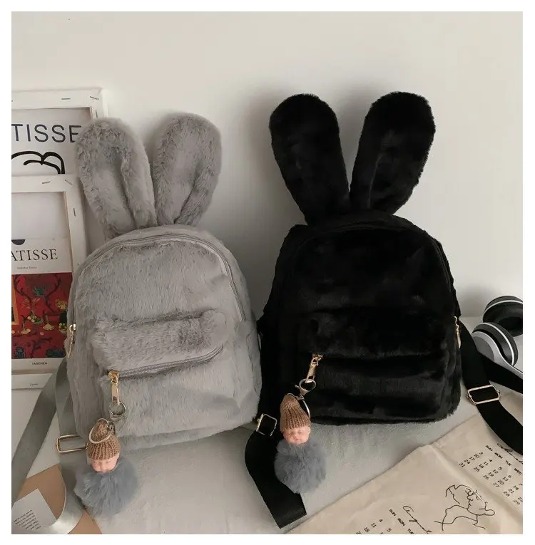 Personalized Embroidery Kawaii Plush Bunny Backpack Faux Fur Mini Backpack Rabbit Ear Women Travel Shoulder Bags Plush Backpack 4