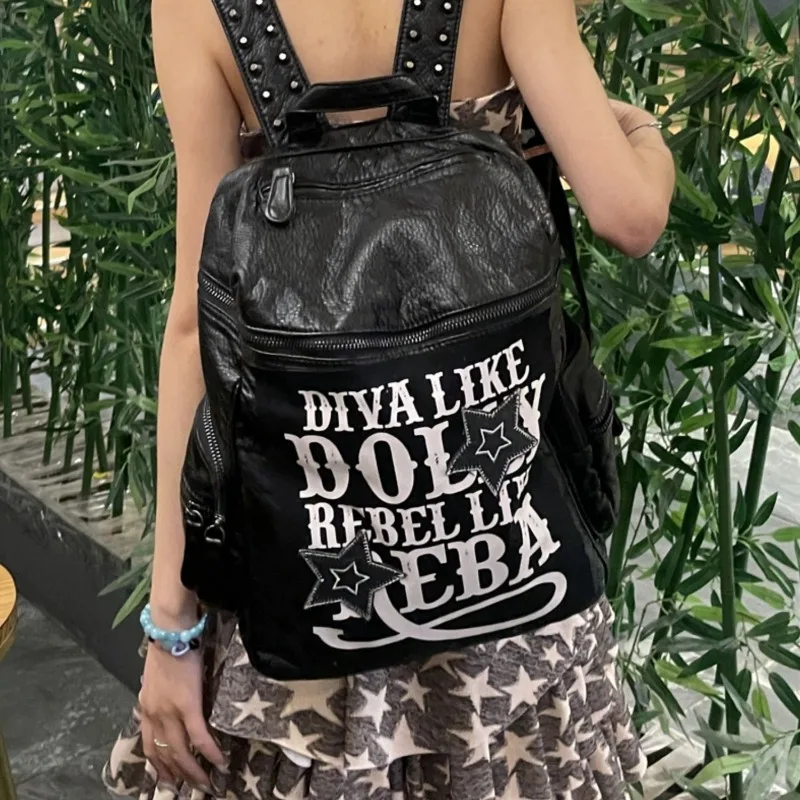 Xiuya Y2k Gothic Womens Backpack Vintage Letter Punk Leather Fashion Mens Backpacks Original Harajuku 2024 Designer Luxury Bag