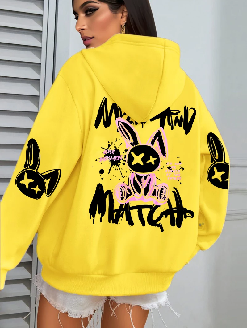 مزيج وتطابق الكرتون الأرنب يطبع المرأة هوديي جيب الشارع الشهير Harajuku فضفاض هودي كل مباراة الصوف الملابس النسائية