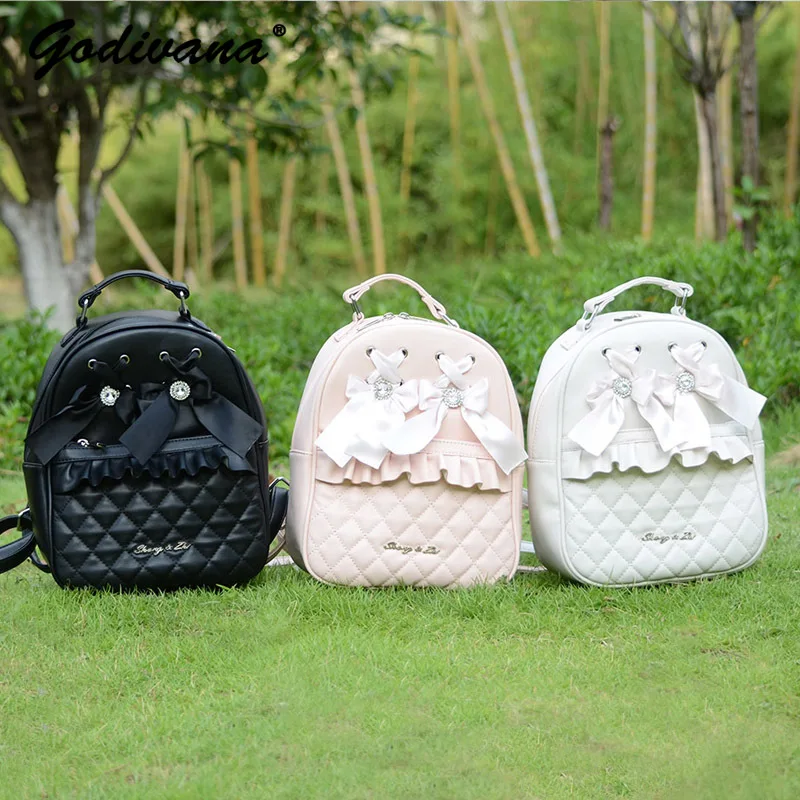 Japanese New Backpack Lightweight Fashion Rhienstone Leather Backpack Women's Students Bow Large Capacity College Style Bag