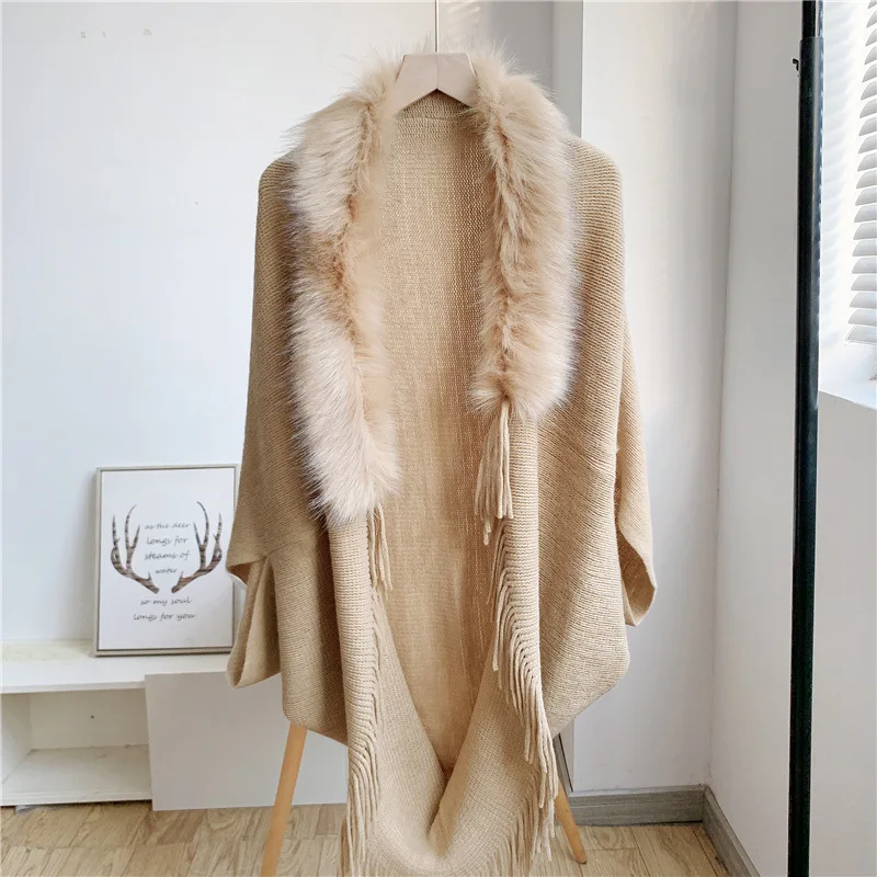 Fur Collar Winter Shawls And Wraps Bohemian Fringe Oversized Womens Winter Ponchos And Capes Sleeve Cardigan Khaki Cloak women faux fur bat sleeve ponchos and capes round neck knit tassel khaki women sweaters and pullovers faux fur coat