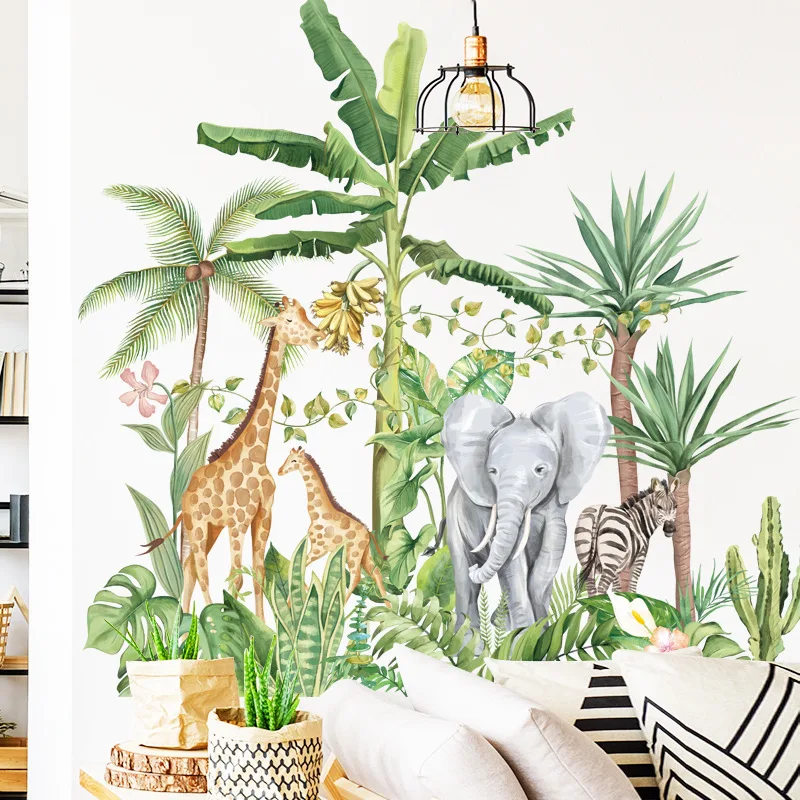 

Elephant Giraffe Cartoon Animal Wall Sticker Children's Room Background Home Decoration Mural Living Room Wallpaper