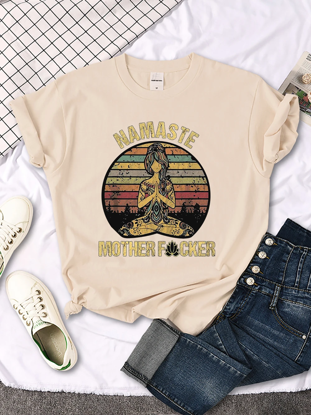 S7d35f474511d4422b81bc4c25c2159d42 Vintage Namaste Mother Explicit Pattern Women T-Shirt O-Neck Creative T Shirts Fashion Breathable Crop Top Casual Sport T Shirt