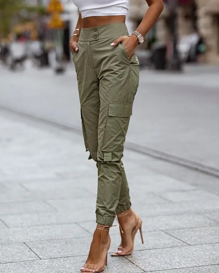 Women's Pants 2022 Trend Fashion High Waist Pocket Button Design Casual