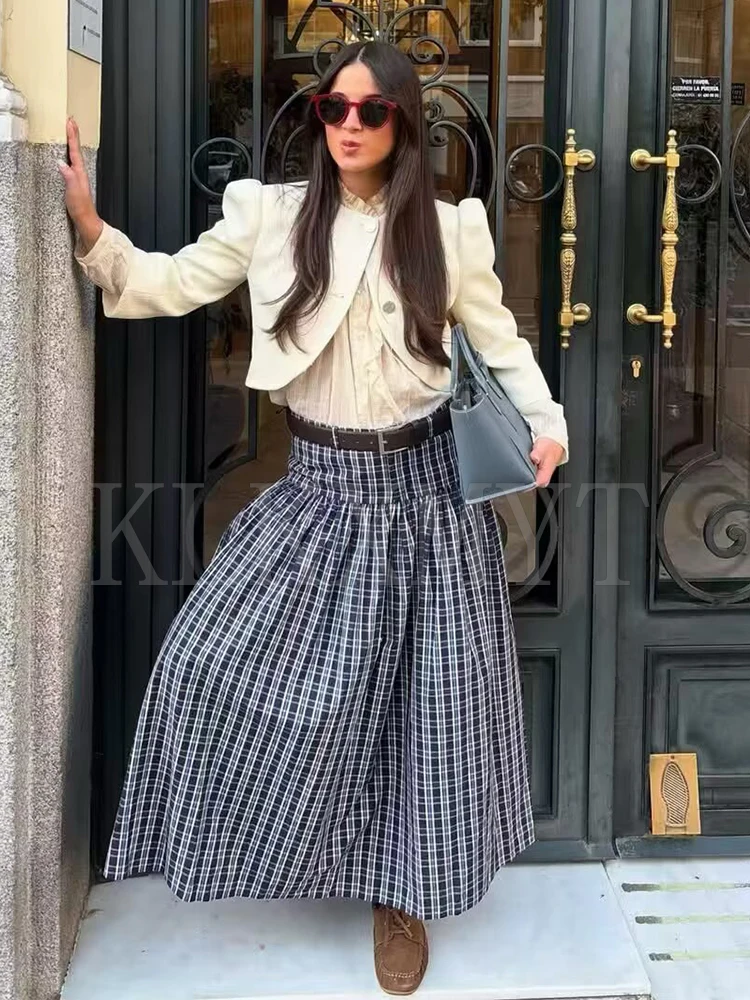 With Belt Long Skirts For Women Fashion 2025 New Vintage Plaid Midi Skirt High Street Casual Pleated Chic Midi Skirts Mujer ﻿