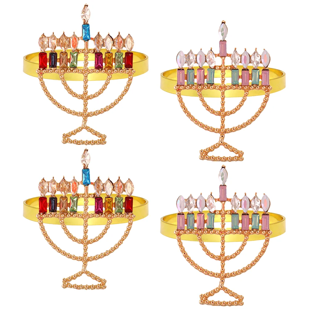 

4 Pcs Hanukkah Colorful Diamond Candlestick Napkin Buckle Ring Western Restaurant Table Decoration Mouth Cloth Alloy 4pcs