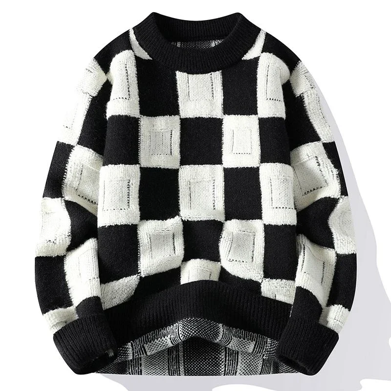 Warm Sweater for Men and Women Couple Wear Round Neck Personalized Fashion Checkerboard Panel Bottom Knitted Shirt Clothes Y2k
