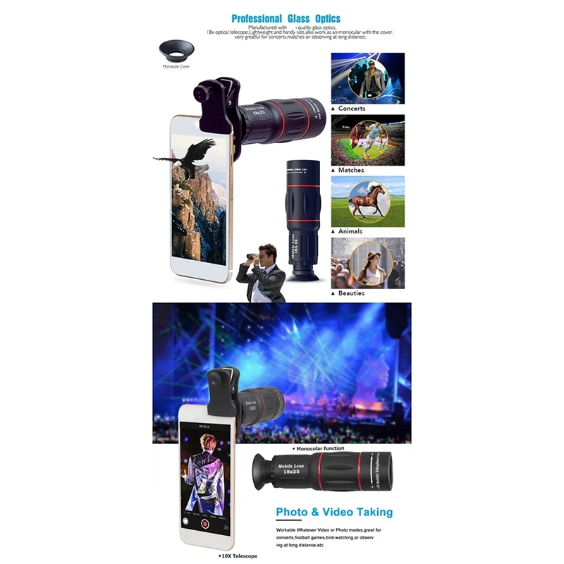 S7d364dce58c2495b96e08e54424c2ddcn 18-krotny koncert podróżny na zewnątrz HD przenośny teleobiektyw do telefonu komórkowego fotografia z soczewkami zewnętrznymi mały teleskop jednooczny