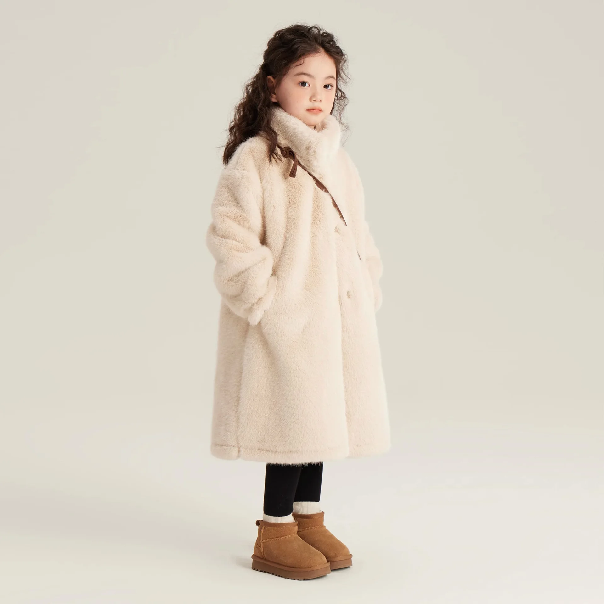 Winter Warm Girls Plain Beige Long Single-Breasted Faux Fur Coats