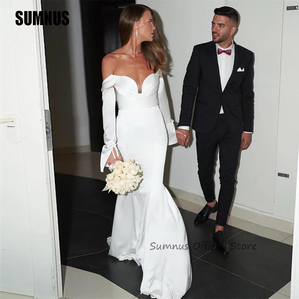 

SUMNUS Elegant Long Sleeves Mermaid Wedding Dresses Off Shoulder Modest Arabic Women Bridal Gowns for Bride Sexy Robe de mariage