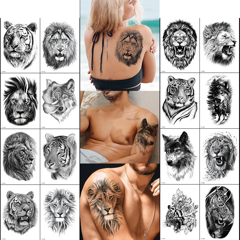 Waterproof Temporary Tattoo Sticker Forest Lion Tiger Bear Flower Tattoos Women Leopard Wolf Crown Body Art Arm Fake Tattoo Men