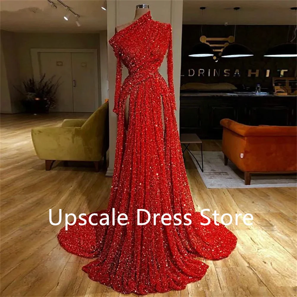 

Reflective Red Sequins Evening Dresses Long Sleeves Ruched High Split Formal Party Floor Length Prom Dresses Vestidos De Fiesta
