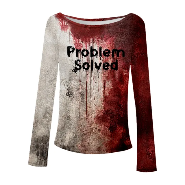 Problem Solved Bloody Fonts T-Shirt Halloween Ladies Printed Long Sleeve Crew Neck T Shirt Top Distressed Slim Party Y2k Clothes 4