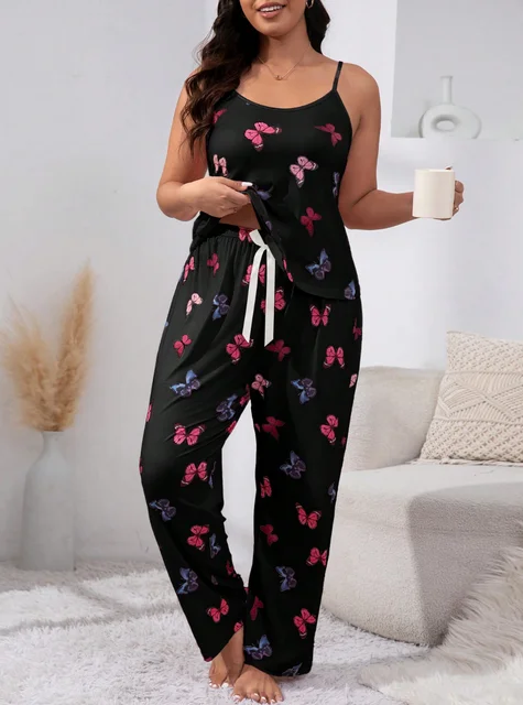 Ensemble de pyjama noir à imprimé papillon pour femme, haut précieux doux, pantalon long avec nœud, grande taille, sommeil confortable 3