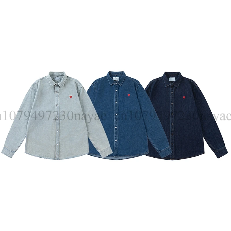 

2023 New High Quality Men's Denim Shirts Classic Heart Embroidery Loose Casual Couple Long Sleeve Tops Couple Styles coat