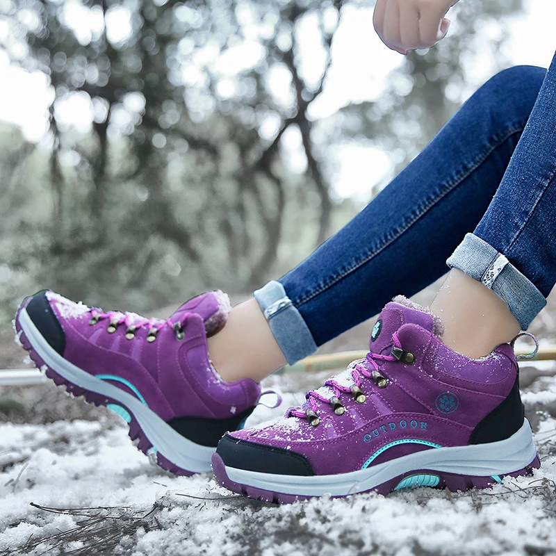 Outdoor High Quality Winter Warm Trekking Hiking Shoes Women High-top Plush Snow Casual Sneakers Ladies Non-slip Walking Boots
