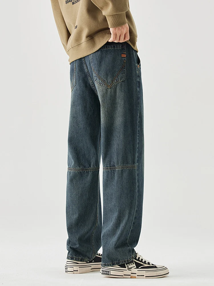 Stitching Men's Autumn Jeans Fashion Distressed High Street Youth Straight Trousers Casual Korean Wide Denim Pants Male